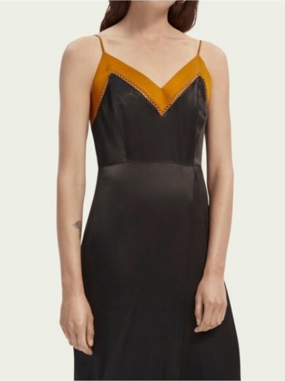 Scotch & Soda Black Slip Midi Dress with Mustard Trim